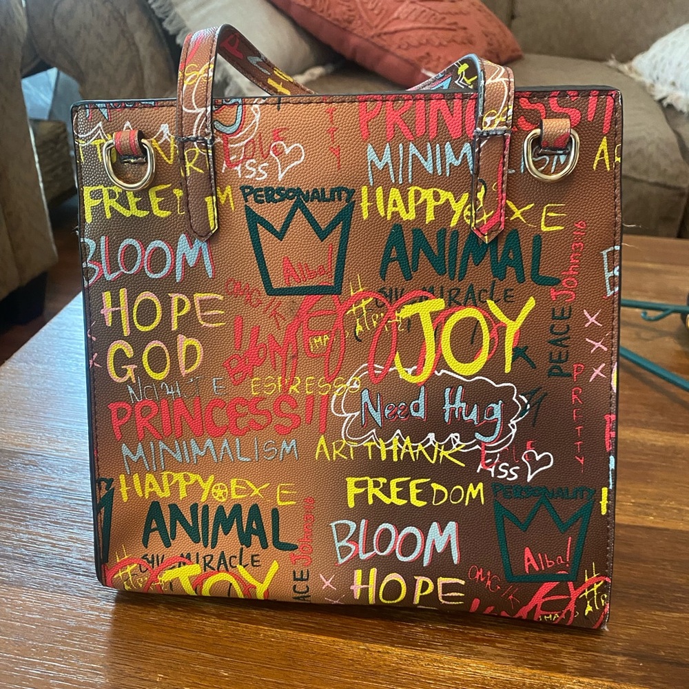 Alba Brown Tote with Multicolor Graffiti Print